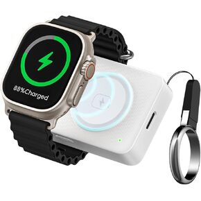 Portable Apple Watch Charger 1500mAh, Pocket Size Wireless Magnetic Power Bank with Built-in Lightning Cable, Travel Keychain Battery Pack for Apple Watch 9/Ultra2/8/Ultra/7/6/Se/5/4/3 iPhone
