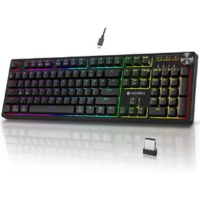 لوحات مفاتيح الألعاب اللاسلكية KOORUI، لوحة مفاتيح ميكانيكية كاملة الحجم بإضاءة خلفية 26 RGB، تدعم اتصال USB-C/2.4G/بلوتوث، 104 مفاتيح قابلة لإعادة الشحن ببطارية 1900 مللي أمبير في الساعة لنظام التشغيل Windows MacOS Linux in Kuwait