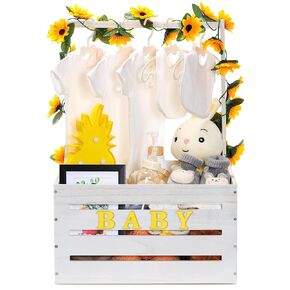 Wooden Baby Shower Crate Closet, Sunflower Theme Baby Basket with Handle and Garland Letter, Baby Storage Crate Hamper, Personailze Baby Shower Wooden Gift Crate for Pregnancy New Parent
