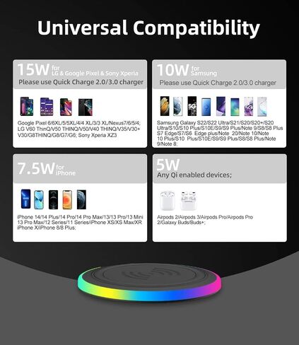 Wireless Charger Pad, 15W Max Fast RGB Wireless Charging Pad Compatible iPhone 14/14 Plus/14 Pro/14 Pro Max/13/13 Mini/SE 2022/12/11, Samsung Galaxy S22/S21/S20,For AirPods 3 2 Pro(No AC Adapter) Pink in Saudi Arabia