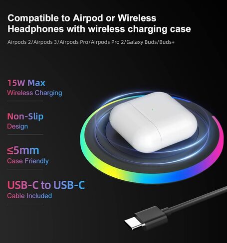 Wireless Charger Pad, 15W Max Fast RGB Wireless Charging Pad Compatible iPhone 14/14 Plus/14 Pro/14 Pro Max/13/13 Mini/SE 2022/12/11, Samsung Galaxy S22/S21/S20,For AirPods 3 2 Pro(No AC Adapter) Pink in Saudi Arabia