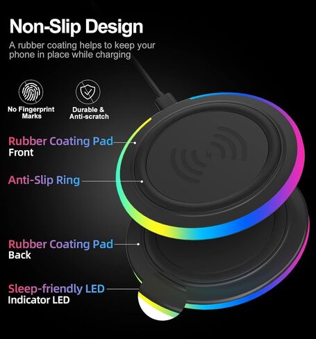 Wireless Charger Pad, 15W Max Fast RGB Wireless Charging Pad Compatible iPhone 14/14 Plus/14 Pro/14 Pro Max/13/13 Mini/SE 2022/12/11, Samsung Galaxy S22/S21/S20,For AirPods 3 2 Pro(No AC Adapter) Pink in Saudi Arabia