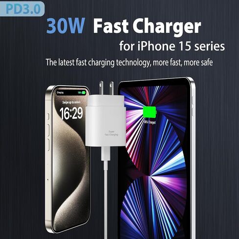 iPhone 15 Pro Max Charger Fast Charging, 30W USB C Wall Charger Block With 10 FT USB C to C Long Charging Cable Cord for iPhone 15 Pro/15 Pro Max/15 Plus,iPad Pro/Air/Mini, Samsung galaxy S24/23 Ultra in Saudi Arabia