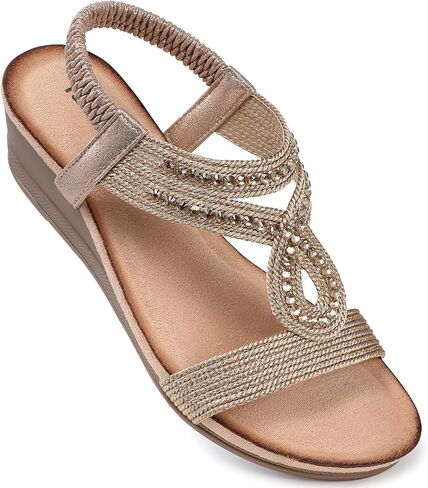 TEMOFON Wedge Sandals for Women Dressy: Low Wedge Sandals Women Comfortable Dressy Walking - Summer Casual Elastic Strappy Open Toe Rhinestone Shoes in Saudi Arabia