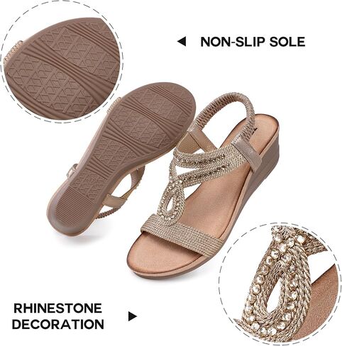 TEMOFON Wedge Sandals for Women Dressy: Low Wedge Sandals Women Comfortable Dressy Walking - Summer Casual Elastic Strappy Open Toe Rhinestone Shoes in Saudi Arabia