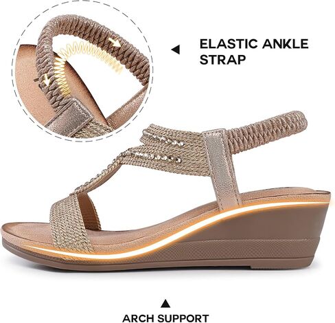TEMOFON Wedge Sandals for Women Dressy: Low Wedge Sandals Women Comfortable Dressy Walking - Summer Casual Elastic Strappy Open Toe Rhinestone Shoes in Saudi Arabia