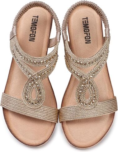 TEMOFON Wedge Sandals for Women Dressy: Low Wedge Sandals Women Comfortable Dressy Walking - Summer Casual Elastic Strappy Open Toe Rhinestone Shoes in Saudi Arabia