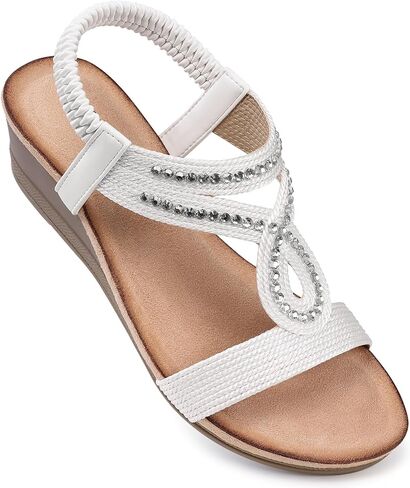 TEMOFON Wedge Sandals for Women Dressy: Low Wedge Sandals Women Comfortable Dressy Walking - Summer Casual Elastic Strappy Open Toe Rhinestone Shoes in Saudi Arabia