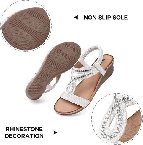TEMOFON Wedge Sandals for Women Dressy: Low Wedge Sandals Women Comfortable Dressy Walking - Summer Casual Elastic Strappy Open Toe Rhinestone Shoes in Saudi Arabia