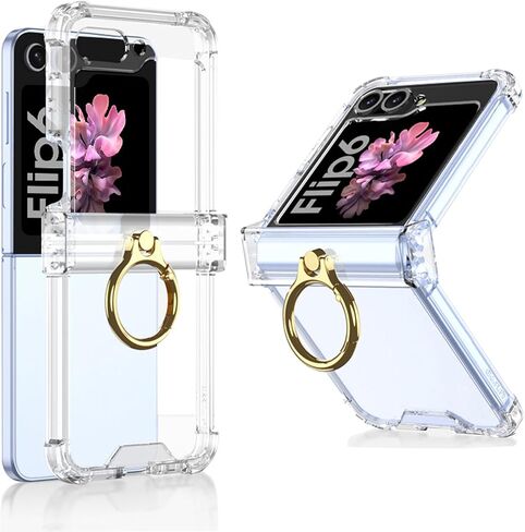 Case for Samsung Galaxy Z Flip 6 Clear Case with Hinge Protection and Ring Stand, Slim Crystal Transparent Scratchproof Protective Cover for Samsung Galaxy Z Flip 6 (Black) in Kuwait