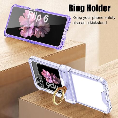 Case for Samsung Galaxy Z Flip 6 Clear Case with Hinge Protection and Ring Stand, Slim Crystal Transparent Scratchproof Protective Cover for Samsung Galaxy Z Flip 6 (Black) in Kuwait