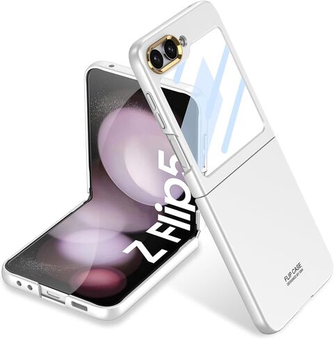 حافظة Miimall لهاتف Samsung Galaxy Z Flip 5 مع واقي شاشة، حافظة نحيفة للغاية ذات ملمس جلدي عالي الشفافية وواقي شاشة لهاتف Flip 5 - فضي in Kuwait