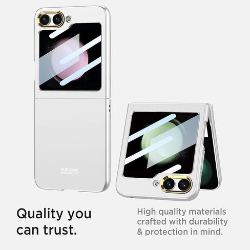 حافظة Miimall لهاتف Samsung Galaxy Z Flip 5 مع واقي شاشة، حافظة نحيفة للغاية ذات ملمس جلدي عالي الشفافية وواقي شاشة لهاتف Flip 5 - فضي in Kuwait