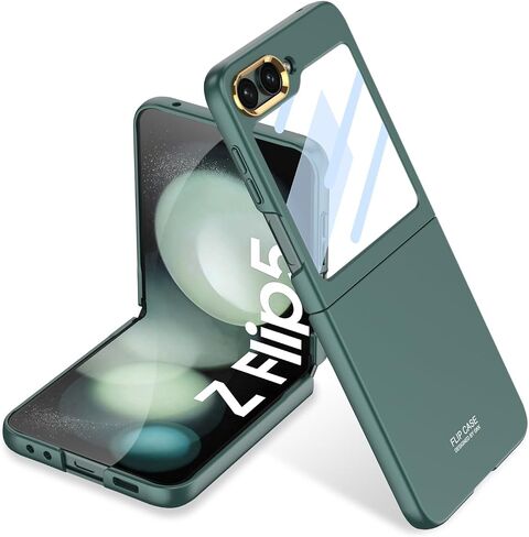 حافظة Miimall لهاتف Samsung Galaxy Z Flip 5 مع واقي شاشة، حافظة نحيفة للغاية ذات ملمس جلدي عالي الشفافية وواقي شاشة لهاتف Flip 5 - فضي in Kuwait