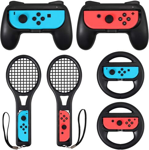 LiNKFOR 3 in 1 Joy-Con Accessories Bundle for Nintendo Switch | Tennis Racket for Mario Tennis Aces Game |Grips Handle for Nintendo Switch Joy-Con | Steering Wheel Accessories Set for Mario Kart in Saudi Arabia