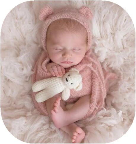 Coberllus Newborn Photography Props Handmade Bear Hat Wrap Set for Baby Boys Girls Photoshoot Knitted Bonnet Blanket Photo in Saudi Arabia