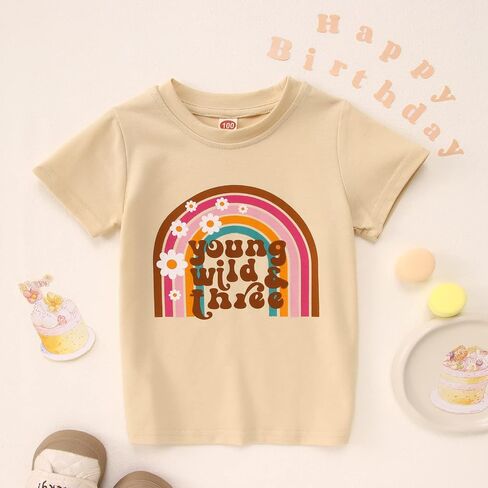 Ritatte Young Wild and Three Shirt Toddler Girl 3rd Birthday T-Shirt Kid Cute Flower 3 Year Old Birthday Party Tee Top Outfit in Saudi Arabia