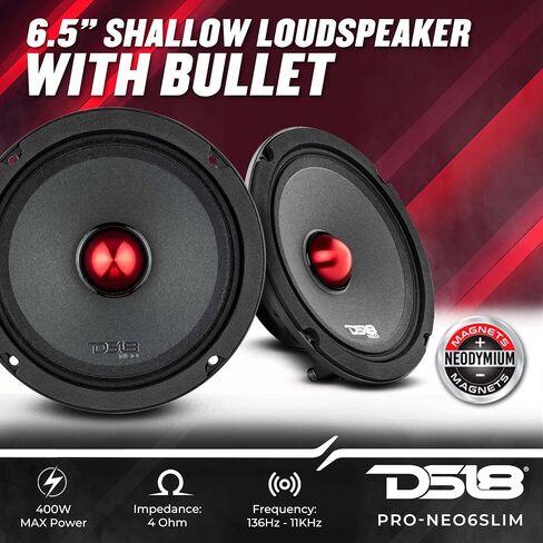 DS18 PRO-NEO6SLIM Shallow Loudspeaker- 6.5", Midrange, Red Aluminum Bullet, 400W Max, 200W RMS, 4 Ohms, Neodymium Magnet - The Most Elegant Neodymium Midrange Loudspeakers Available (PRONEO6SLIM) in Saudi Arabia