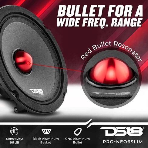 DS18 PRO-NEO6SLIM Shallow Loudspeaker- 6.5", Midrange, Red Aluminum Bullet, 400W Max, 200W RMS, 4 Ohms, Neodymium Magnet - The Most Elegant Neodymium Midrange Loudspeakers Available (PRONEO6SLIM) in Saudi Arabia