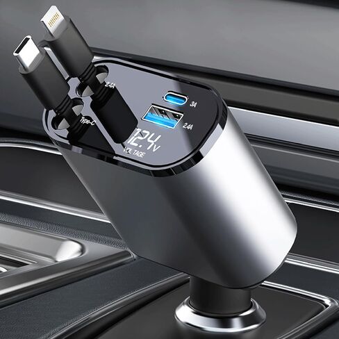 شاحن سيارة قابل للسحب شاحن سيارة فائق السرعة [Max100W] شاحن USB ولاعة السجائر لهاتف iPhone وType-C شاحن سيارة 4 في 1 لهاتف iPhone 15/14/13/12 Pro Max XR، iPad، Samsung، Pixel in Kuwait