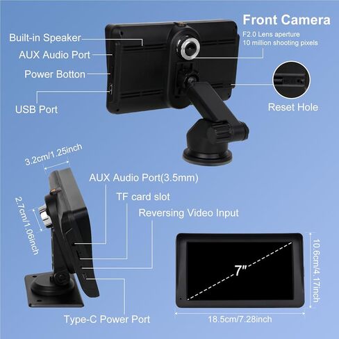شاشة Carplay محمولة للسيارة - Carplay مقاس 7 بوصة مع كاميرا احتياطية، ستيريو ذكي مع شاشة تعمل باللمس لنظام Android والأنظمة الأخرى، صندوق تشغيل السيارة للراديو والصوت ونظام تحديد المواقع العالمي (GPS) in Kuwait