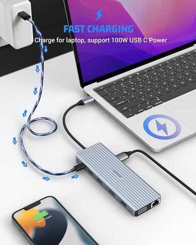 USB C Hub, 14 in 1 USB C Docking Station Triple Monitor with VGA/2*HDMI, USB C Adapter for Laptop and Tablet(10 Gbps USB 3.1,Gigabit Ethernet,100W Charging Port,3.5mm mic,SD/TF Reader) in Saudi Arabia