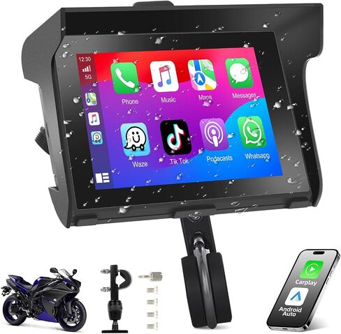 راديو Podofo للدراجات النارية مع Carplay Android Auto 5 بوصة IPS شاشة لمس مقاومة للماء مع التحكم الصوتي ونظام تحديد المواقع العالمي للدراجات النارية يدعم بلوتوث/Siri/Google Assistant/بطاقة TF/USB in Saudi Arabia