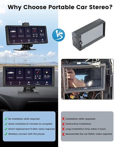 ستيريو سيارة محمول من كاركول مع كاميرا داش قابلة للتعديل 4K، شاشة لمس لاسلكية 10.26 بوصة وأندرويد أوتو، التحكم الصوتي، تركيب التوصيل والتشغيل، متوافق مع 12-24 فولت، أسود in Kuwait
