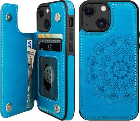 Vaburs Compatible with iPhone 13 Mini Case Wallet with Card Holder, Embossed Mandala Pattern Flower PU Leather Double Buttons Flip Shockproof Cover for Magnetic Car Mount 5.4 Inch (Blue) in Saudi Arabia