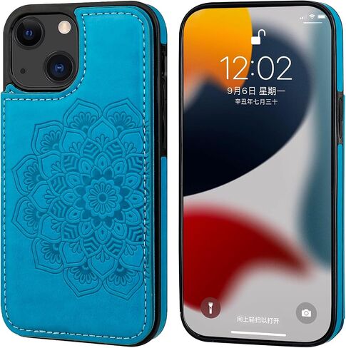 Vaburs Compatible with iPhone 13 Mini Case Wallet with Card Holder, Embossed Mandala Pattern Flower PU Leather Double Buttons Flip Shockproof Cover for Magnetic Car Mount 5.4 Inch (Blue) in Saudi Arabia