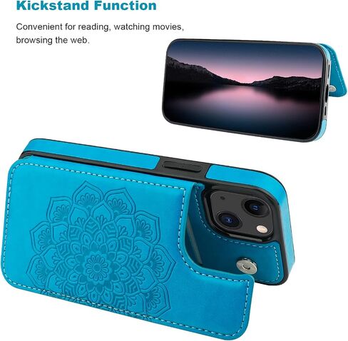 Vaburs Compatible with iPhone 13 Mini Case Wallet with Card Holder, Embossed Mandala Pattern Flower PU Leather Double Buttons Flip Shockproof Cover for Magnetic Car Mount 5.4 Inch (Blue) in Saudi Arabia