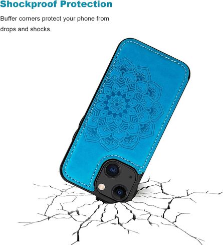 Vaburs Compatible with iPhone 13 Mini Case Wallet with Card Holder, Embossed Mandala Pattern Flower PU Leather Double Buttons Flip Shockproof Cover for Magnetic Car Mount 5.4 Inch (Blue) in Saudi Arabia