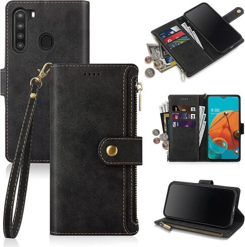 Antsturdy Samsung Galaxy A21 حافظة محفظة مع حامل بطاقة للنساء والرجال، Galaxy A21 حافظة هاتف RFID بلوك من جلد البولي يوريثان غطاء مقاوم للصدمات مع حزام بسحاب وفتحات لبطاقة الائتمان، أسود in Saudi Arabia