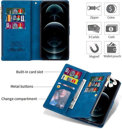 حافظة ZCDAYE لهاتف iPhone 15 Pro Max، وiPhone 15 Pro Max مع حامل بطاقة وحزام معصم، غطاء هاتف قابل للطي من الجلد لهاتف iPhone 15 Pro Max (6.7 بوصة)، أزرق in Kuwait