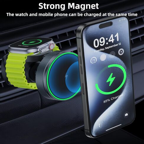 شاحن سيارة لاسلكي مغناطيسي، متوافق مع فتحة تهوية مغناطيسية قابلة للتعديل 360 درجة، 2 في 1 متوافق مع iPhone 15/14/13/12 Pro Max Plus Mini وApple Watch in Kuwait