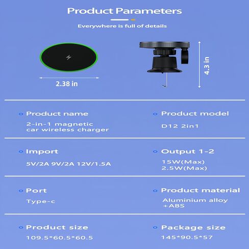 شاحن سيارة لاسلكي مغناطيسي، متوافق مع فتحة تهوية مغناطيسية قابلة للتعديل 360 درجة، 2 في 1 متوافق مع iPhone 15/14/13/12 Pro Max Plus Mini وApple Watch in Kuwait