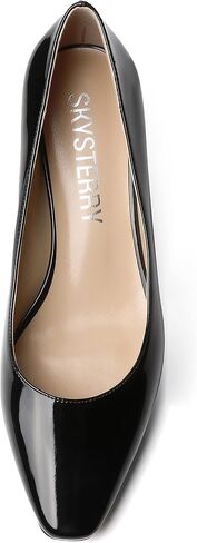 SKYSTERRY Women's Square Toe Casual Office Slip On Patent Spool Low Heel Pumps Shoes 2 Inch in Saudi Arabia
