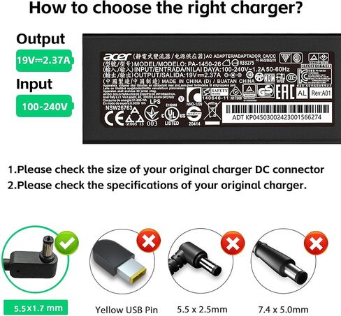 19V 2.37A 45W 5.5 * 1.7mm AC Charger Fit for Acer Aspire 3 A314-31 A315-21G A315-31 ES1-111 ES1-111M ES1-131 ES1-332 ES1-421 ES1-431 ES1-512 ES1-521 ES1-531 E3-111 E3-112 E5-411 Laptop Power Supply in Saudi Arabia