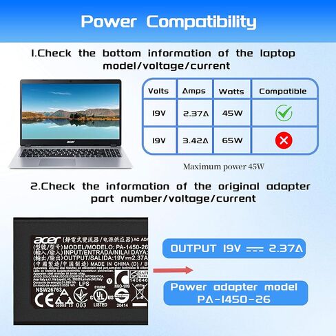 19V 2.37A 45W 5.5 * 1.7mm AC Charger Fit for Acer Aspire 3 A314-31 A315-21G A315-31 ES1-111 ES1-111M ES1-131 ES1-332 ES1-421 ES1-431 ES1-512 ES1-521 ES1-531 E3-111 E3-112 E5-411 Laptop Power Supply in Saudi Arabia