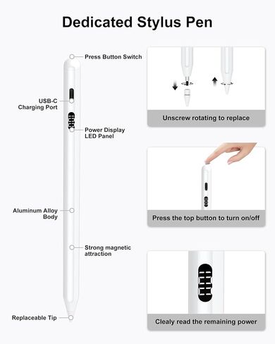 قلم شاشة لجهاز iPad 10th/9th Gen مع شاشة طاقة LED، رفض راحة اليد، حساس للإمالة، قلم Apple iPad متوافق مع iPad 10/9/8/7/6(2018-2022)، iPad Air 5/4/3، iPad Pro 11/12.9 بوصة، آيباد ميني 6/5 in Kuwait