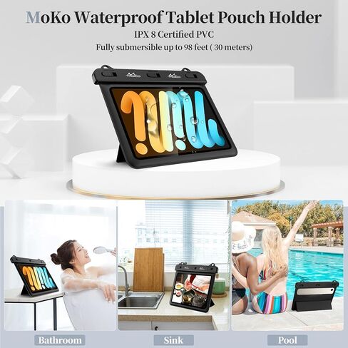 حافظة كمبيوتر لوحي مقاومة للماء من MoKo متوافقة مع Fire HD 8/Fire 7، iPad Mini 6/5/4/3، Galaxy Tab Pro 8.4، Tab S2/Tab E/Tab A 8.0 8.4 حتى 8.5 بوصة، حقيبة حامل جافة لمطبخ الحمام الحقيبة الوقوف، أسود in Saudi Arabia