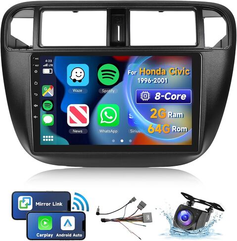 [8 CORE 2G+64G] راديو سيارة Honda Civic 1996-2001 مع Carplay لاسلكي/Android Auto، 9 بوصة Android 13 IPS شاشة تعمل باللمس ستيريو سيارة، بلوتوث، GPS Navi، WiFi، SWC، DSP + كاميرا احتياطية in Kuwait