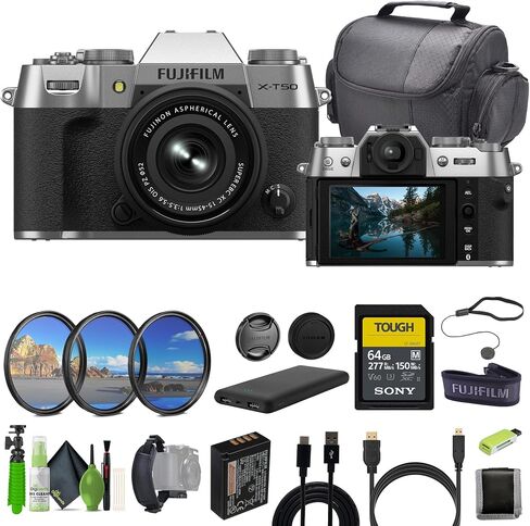 كاميرا Fujifilm X-T50 الرقمية بدون مرآة XC15-45mmF3.5-5.6 مجموعة عدسات OIS PZ مع بطاقة ذاكرة SF-M Tough UHS-II سعة 64 جيجابايت + مجموعة مرشح + مجموعة تنظيف + حقيبة كامارا + المزيد من الملحقات - فضي in Saudi Arabia
