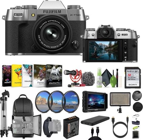 كاميرا Fujifilm X-T50 الرقمية بدون مرآة XC15-45mmF3.5-5.6 مجموعة عدسات OIS PZ مع بطاقة ذاكرة UHS-II سعة 128 جيجابايت + حامل ثلاثي القوائم + مصباح فيديو LED + ميكروفون Rode + شاشة HD 7 بوصة + المزيد من الملحقات - فضي in Saudi Arabia