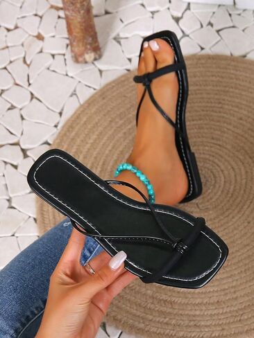 OYOANGLE Women's Square Open Toe Strappy Flat Sandals Breathable Thin Straps Slip on Slides Sandal Slippers in Saudi Arabia