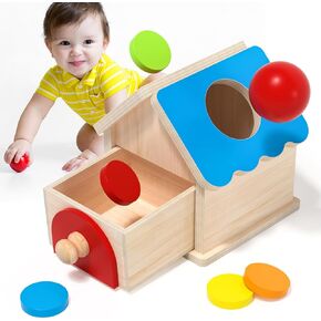 Montessori Full Size Object Permanence Box with Tray one Balls Five Colored Wood Chips Montessori Toys for Preschool Learning Month Infant Old Babies Toddlers Wood Toys