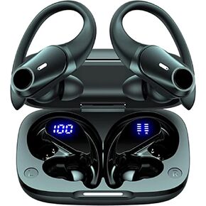 T59 Bluetooth Headphones Wireless Earbuds 72hrs Playtime Wireless Charging Case Digital Display Sports Ear buds with Earhook Premium Deep Bass IPX7 Waterproof in-Ear Earphones Black