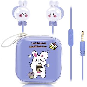 Cute Rabbit Kids Earbuds for School, Earbuds for Kid Size Wired Earphones & in-Ear Headphones with Microphone and Lovely Earbuds Storage Case Gifts for Girls and Boys (Pink)