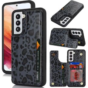 iCoverCase for Samsung Galaxy S21 FE Case with Card Holder, Galaxy S21 FE Wallet Case for Women Men [RFID Blocking] PU Leather Protective Phone Case for Galaxy S21 FE 5G (Gray Leopard)