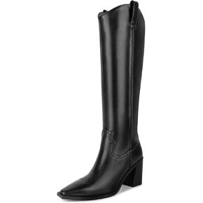 ISNOM Women's Western Boots Knee High Boots, Cowboy Cowgirl Embroidered Chunky Block Heel Pointed Toes Boots